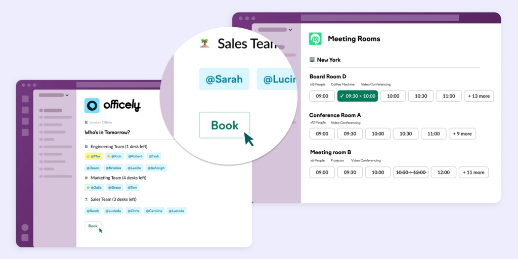 Side-by-side comparison of Officely desk booking interface and a meeting room scheduling tool showing room availability and time slots.