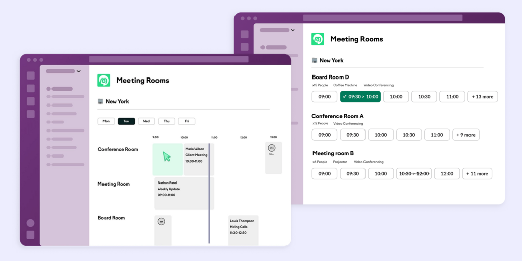 Officely meeting room scheduling interface showing calendar and time-slot booking views for New York office rooms.