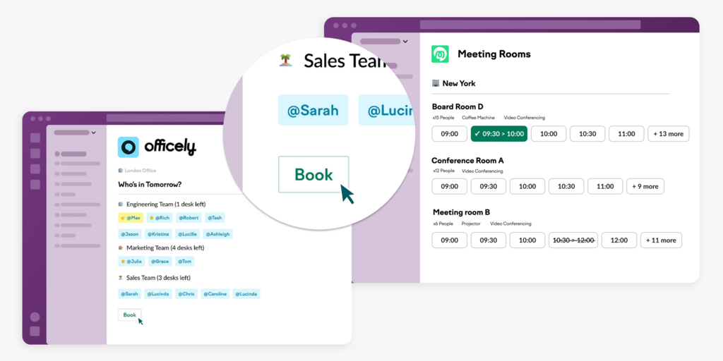 Side-by-side comparison of Officely desk booking UI and a meeting room scheduling interface showing time slots.