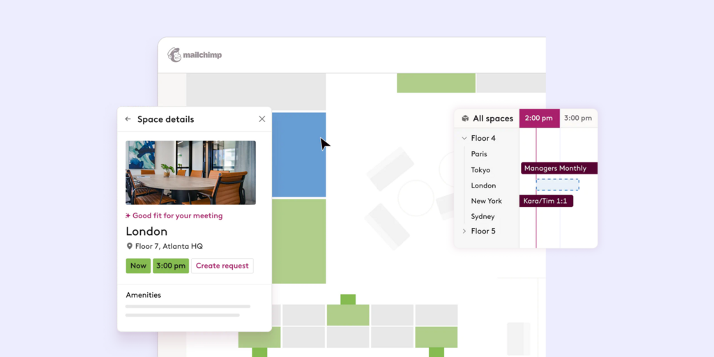 Robin workplace platform UI showing floor map, room details for London meeting room, and a multi-room schedule grid.