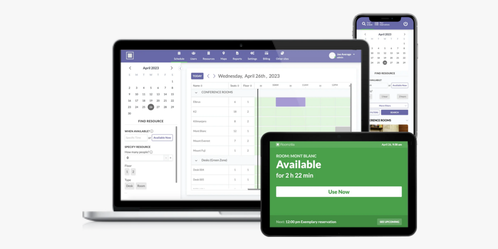 Roomzilla room booking software shown on a laptop, smartphone, and tablet with calendar and availability views.