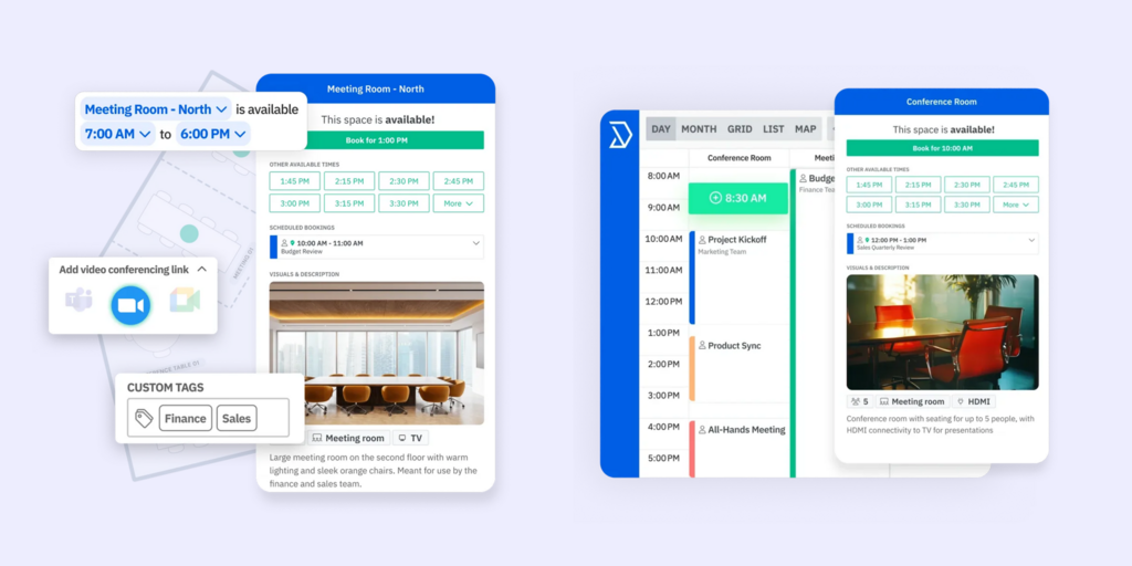 Side-by-side UI comparison of Joan room booking platform versus a competitor, showing scheduling and availability features.