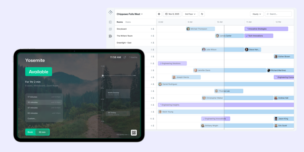 Competitor room booking tablet interface alongside a multi-room scheduling dashboard showing bookings and availability.