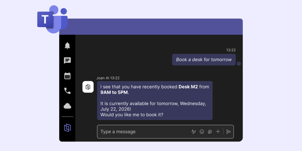Joan AI Agent in Microsoft Teams chat suggesting a desk booking for Desk M2 from 9AM to 5PM.