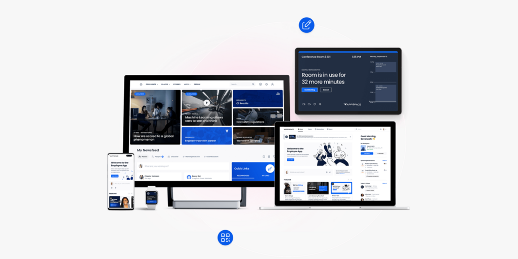 Appspace platform displayed across desktop, tablet, laptop, smartphone, and smartwatch screens.