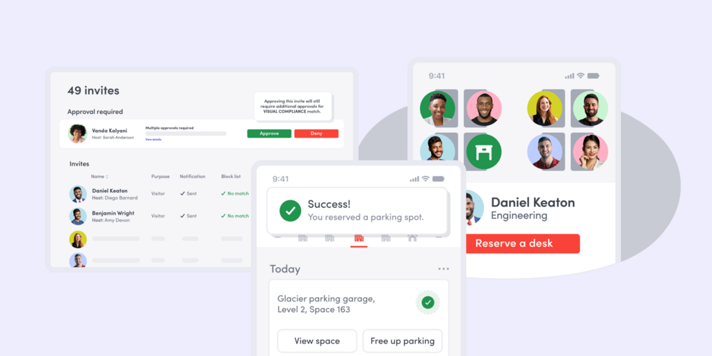 Workplace management app screens showing visitor approvals, parking reservation, and desk booking with user profiles.