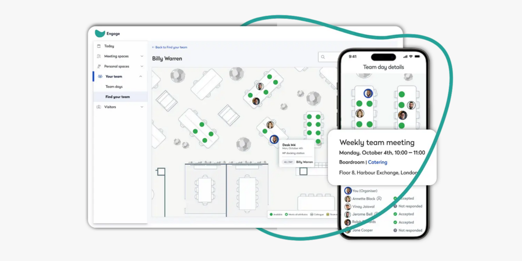 Joan workplace management platform showing office floor plan with desk booking and team meeting details on desktop and mobile.