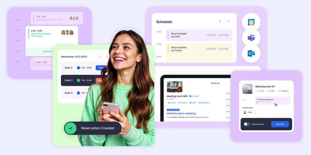 Woman smiling with smartphone surrounded by Joan workplace scheduling UI showing desk and room booking features.