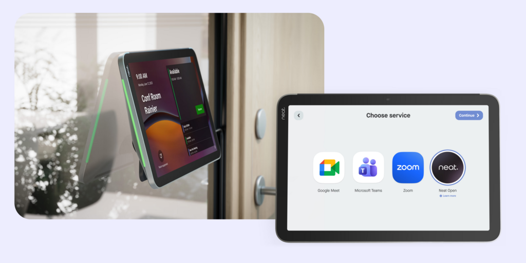Side-by-side comparison of a room scheduling panel showing 'Conf Room Rainier' and a Neat device displaying service options.