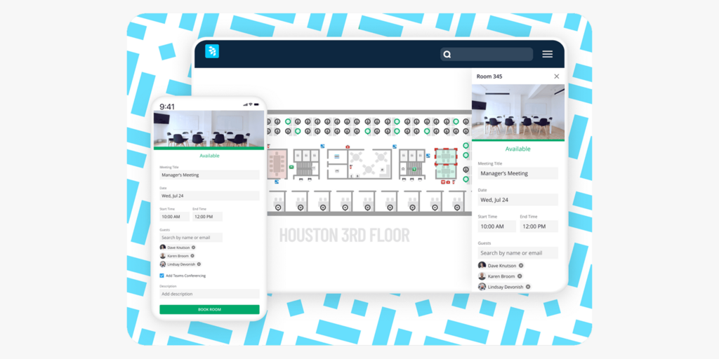 OfficeSpace competitor platform showing a floor plan view and room booking interface on desktop and mobile screens.