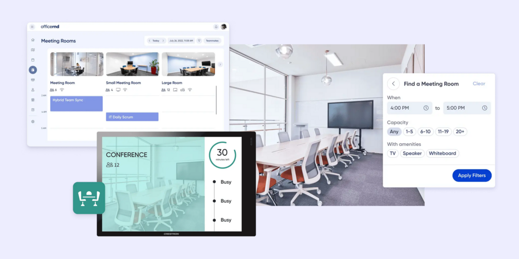 OfficeRnD meeting room dashboard, Crestron scheduling panel, and a modern conference room with booking filters shown.