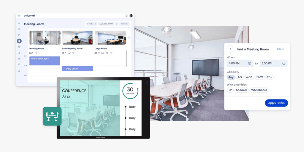 OfficeRnD competitor interface compared to Joan meeting room booking UI with scheduling and filter panels