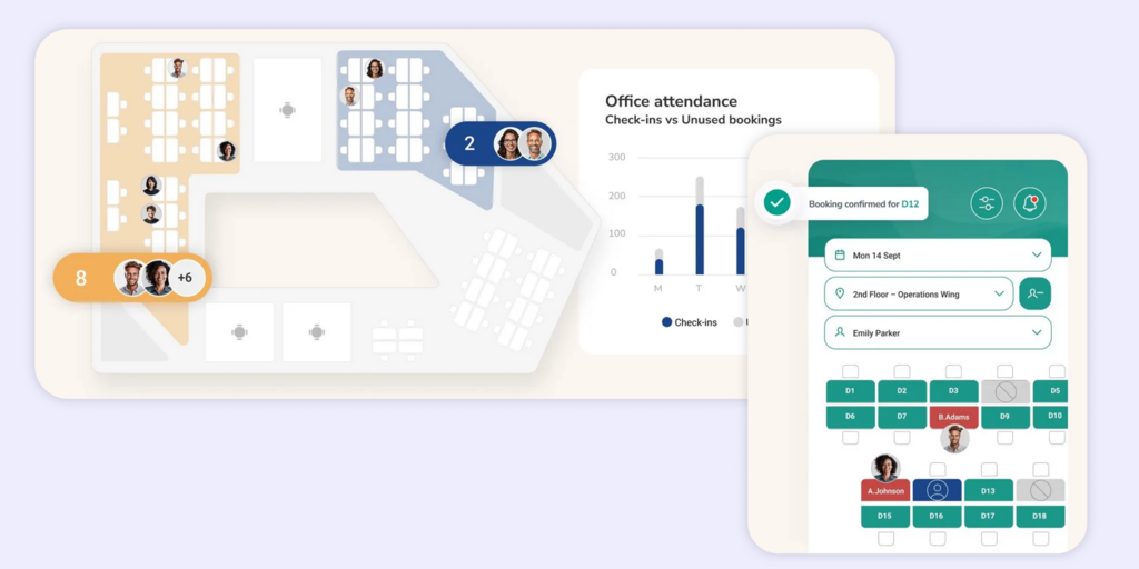 Comparison of workplace management interfaces showing office floor plan and attendance booking screens versus Ronspot.