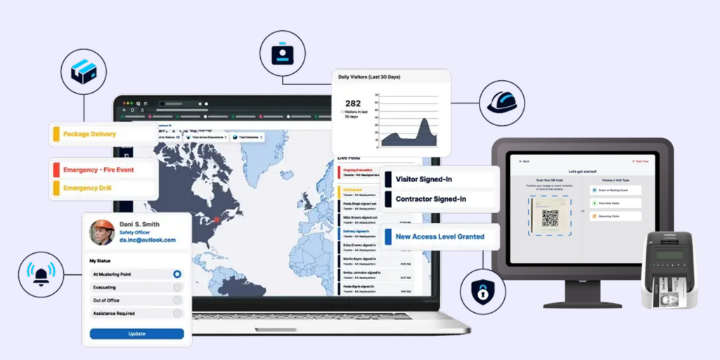 iLobby visitor management platform UI showing dashboards, visitor sign-in kiosk, emergency alerts, and badge printer.