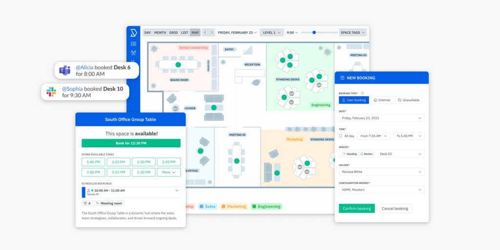 Joan workspace management UI showing floor plan, desk booking panels, and new booking form with Slack and Teams integrations.