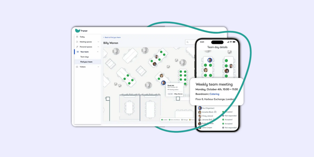 Joan workplace management app showing office floor plan and team meeting details on desktop and mobile screens.