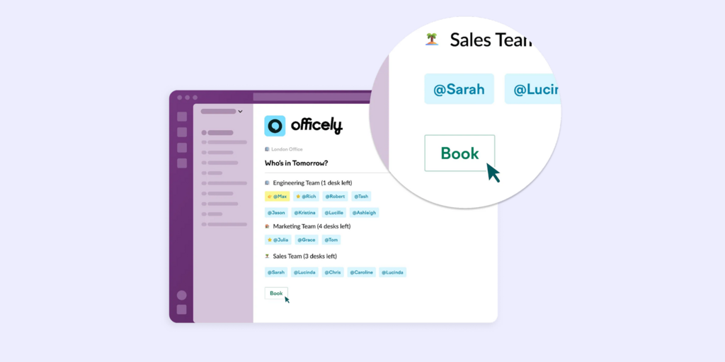 Officely app interface showing a 'Who's In Tomorrow?' desk booking view with team listings and a Book button.