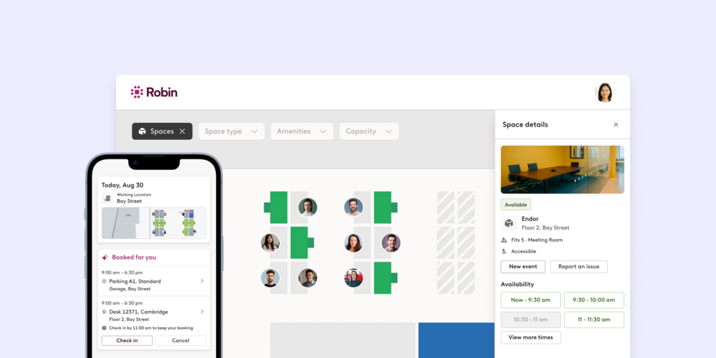 Robin workplace app showing desk booking on mobile and space scheduling on desktop with availability details.
