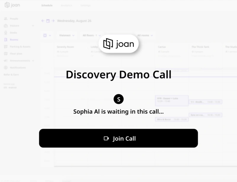Joan platform screen showing a Discovery Demo Call with Sophia AI waiting and a Join Call button.