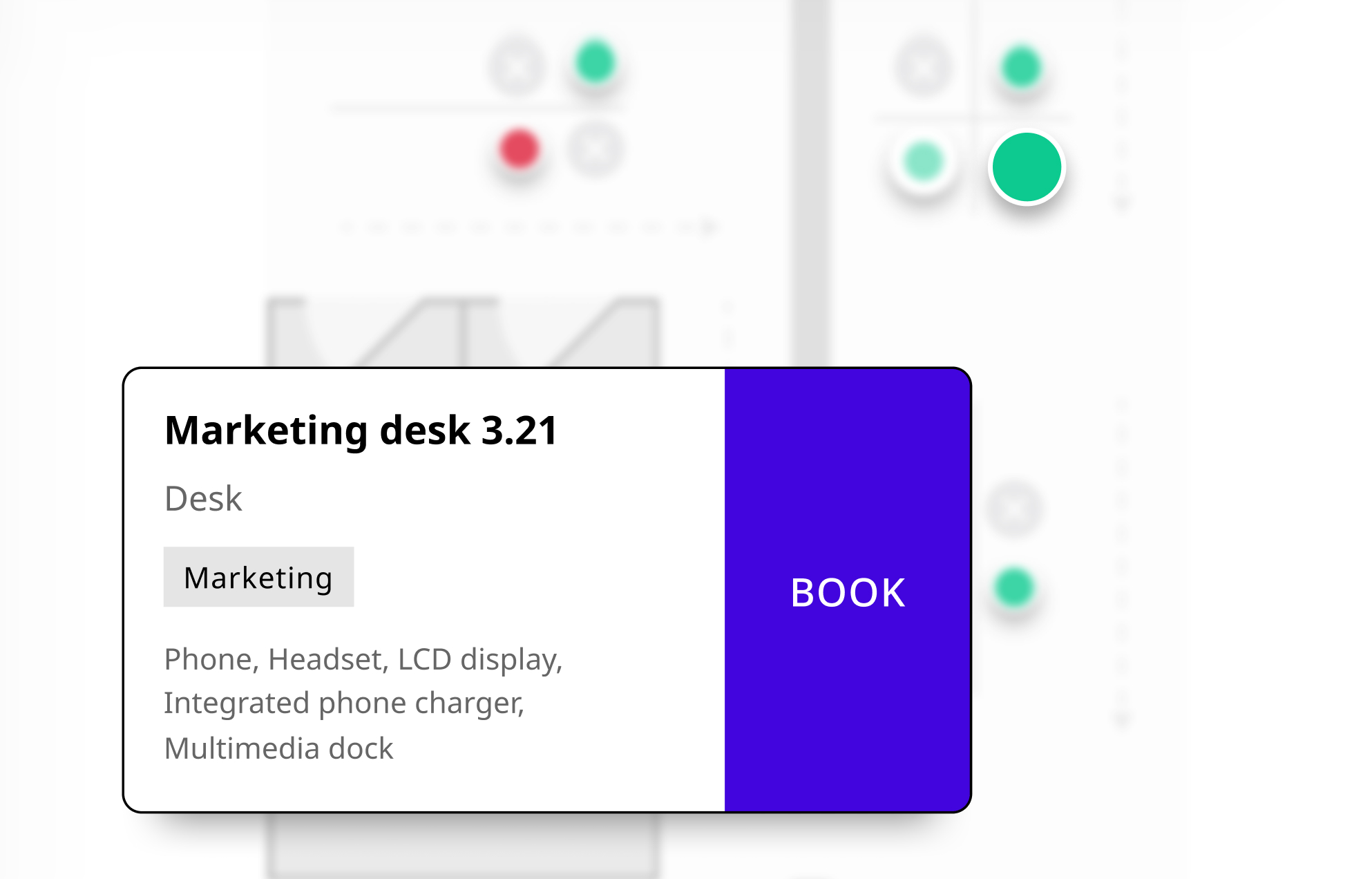 Joan desk booking UI card for Marketing desk 3.21 showing amenities and a purple Book button over a floor plan.