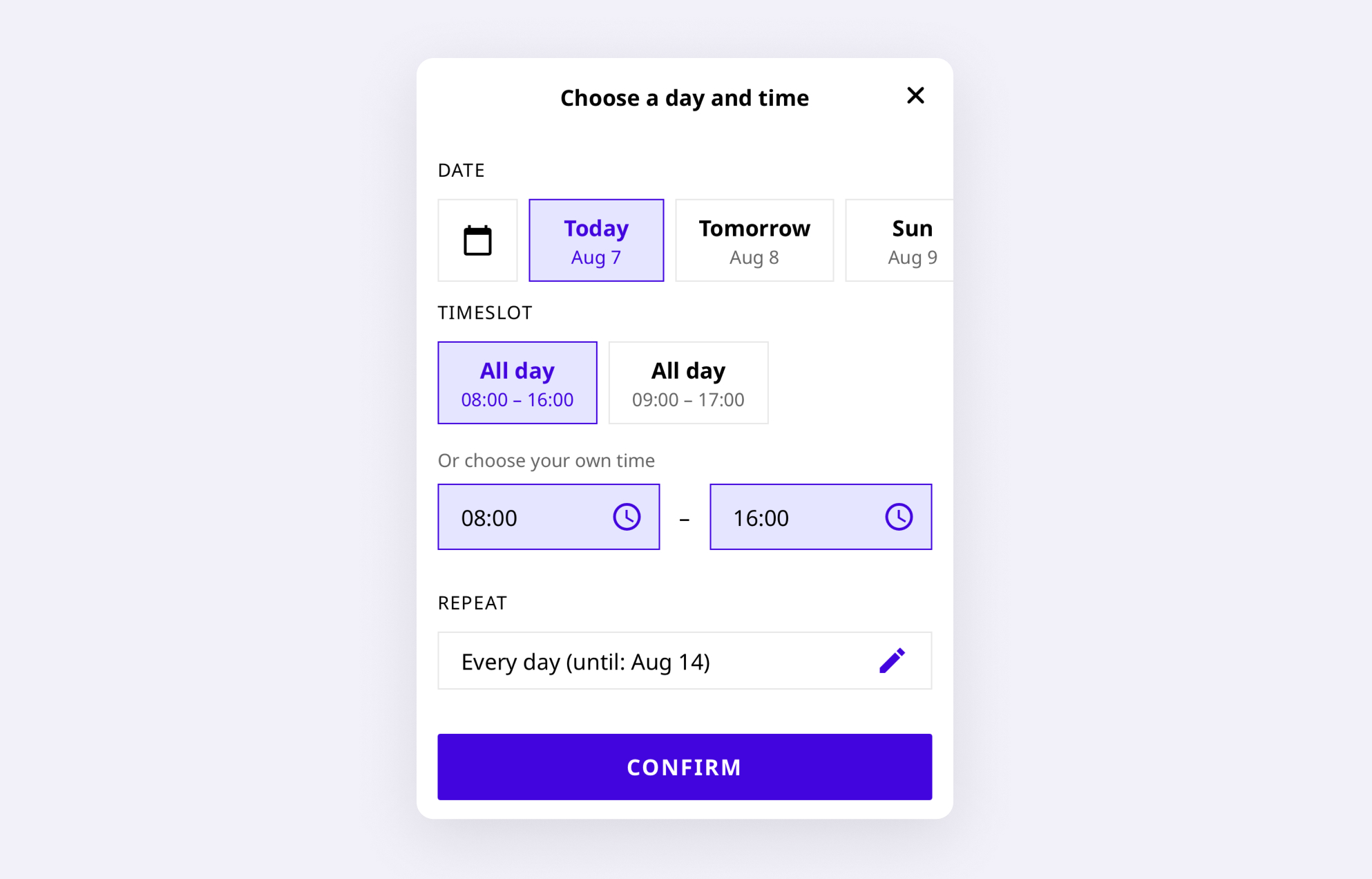 Joan mobile app booking modal showing date, timeslot, and repeat options with a Confirm button.