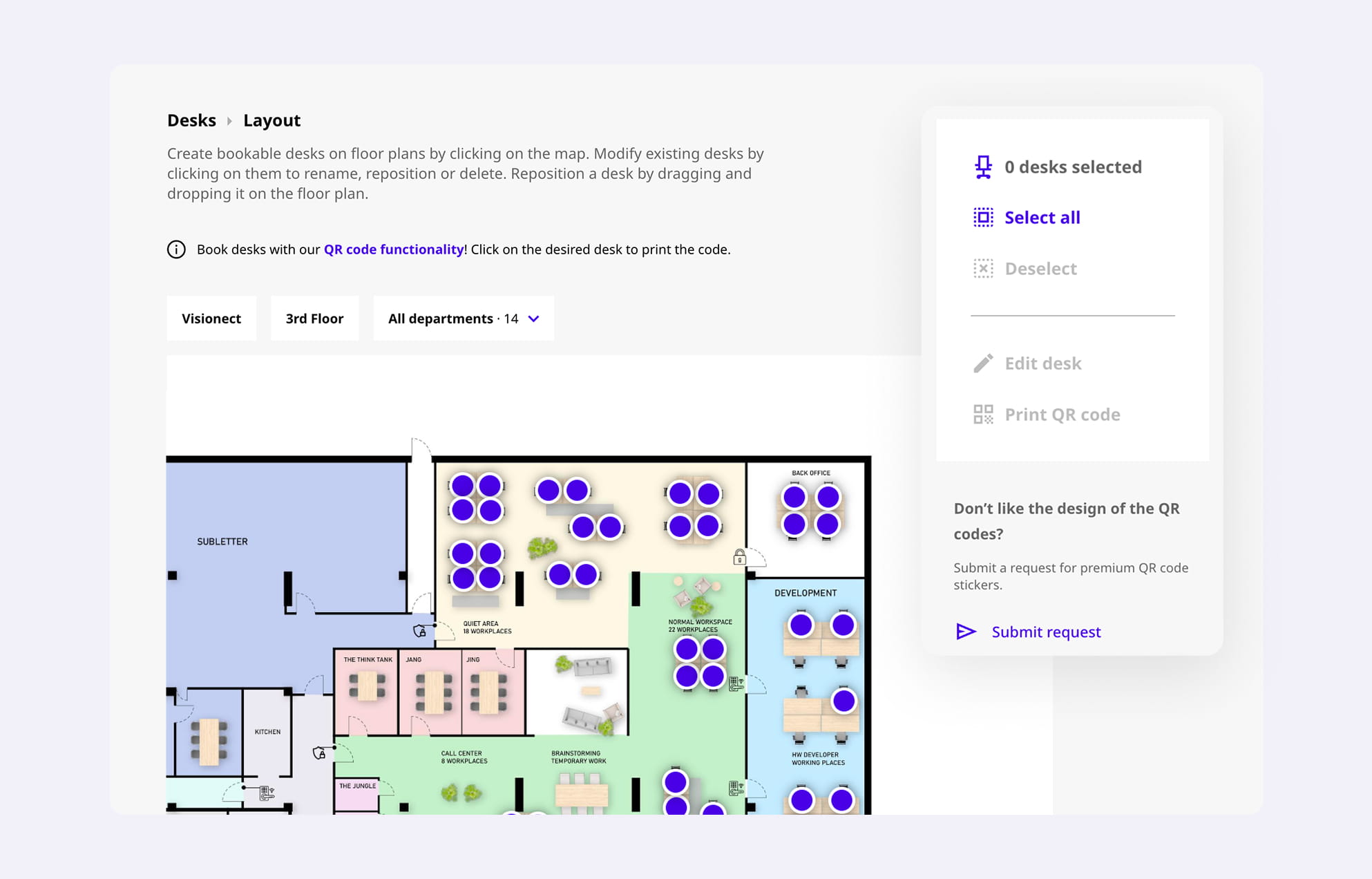 Joan web portal showing a color-coded office floor plan with bookable desks and QR code management options.