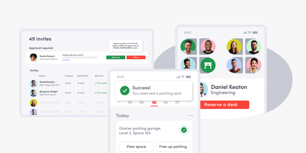 Workplace platform UI showing visitor approvals, parking reservation confirmation, and desk booking with employee profiles.