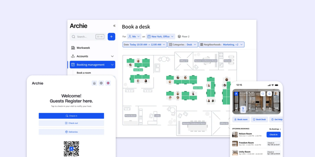 Archie workplace platform shown across desktop, tablet, and mobile screens with desk booking, floor maps, and visitor check-in.