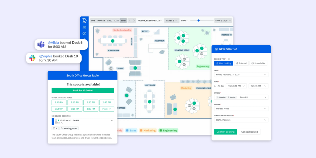 Office floor map with desk booking panels, new booking modal, and Slack and Teams booking notifications.