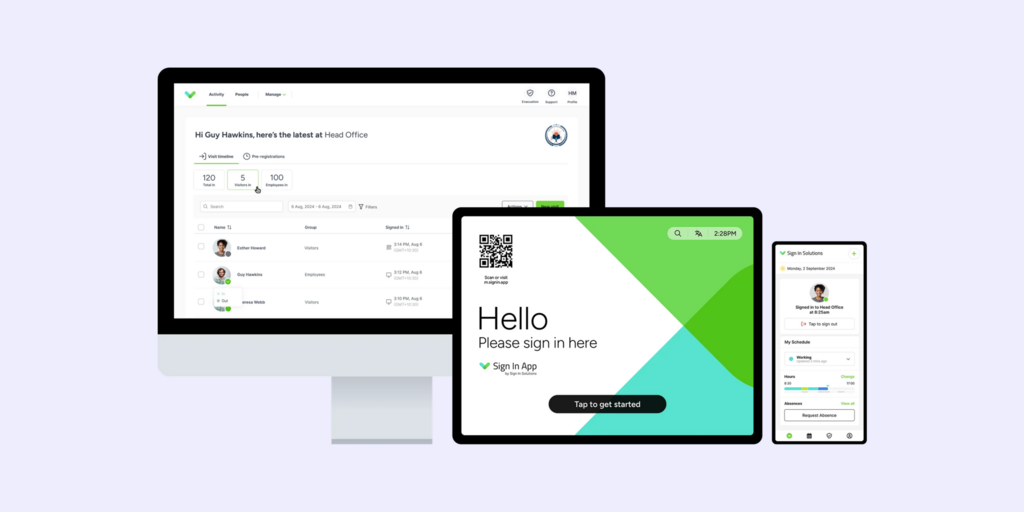 SwipedOn visitor management platform shown on desktop, tablet, and mobile with sign-in and dashboard interfaces.