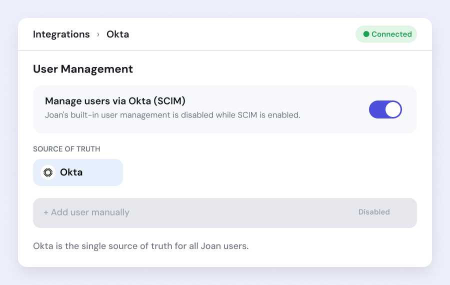 Joan Integrations Okta 600x380 Centralize User Management Joan Side
