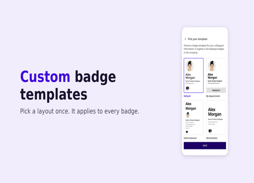 Mobile interface showing customizable badge template options for employee or visitor badges