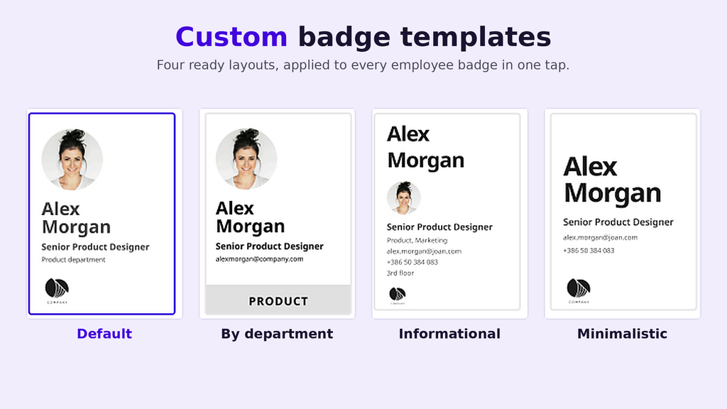 Four custom employee badge template layouts showing name, title, and contact details options